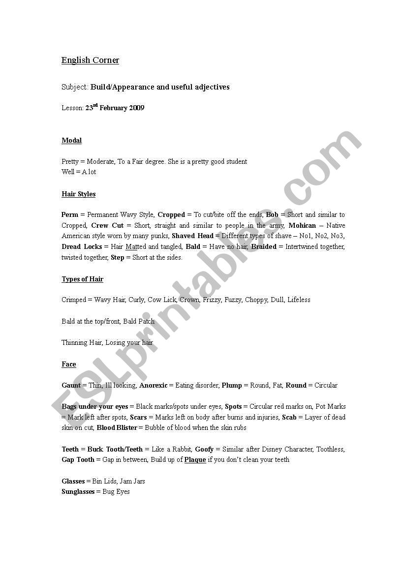 Adjectives and Descriptions of various parts of the body/build and personality for English Corner