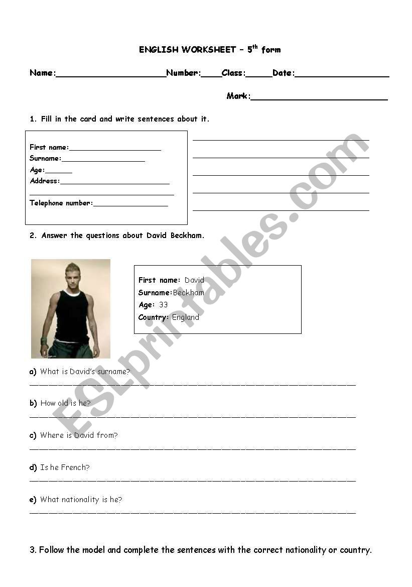 worksheet on personal information