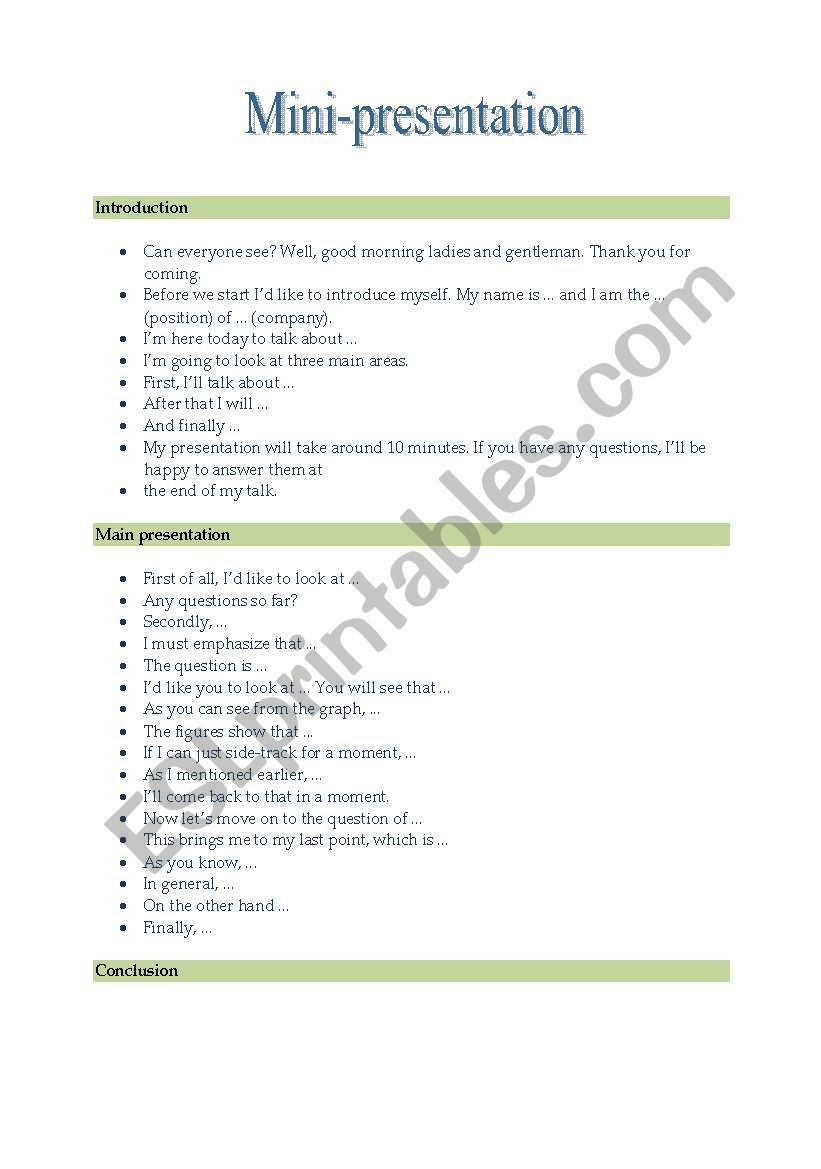 mini presentation worksheet