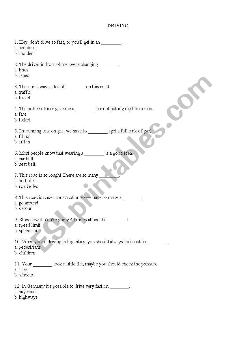 driving vocabulary worksheet