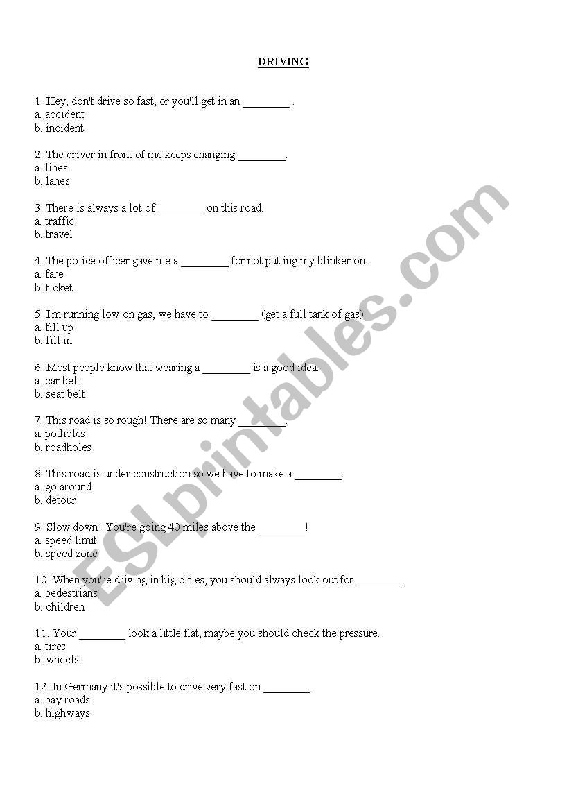 driving vocabulary worksheet