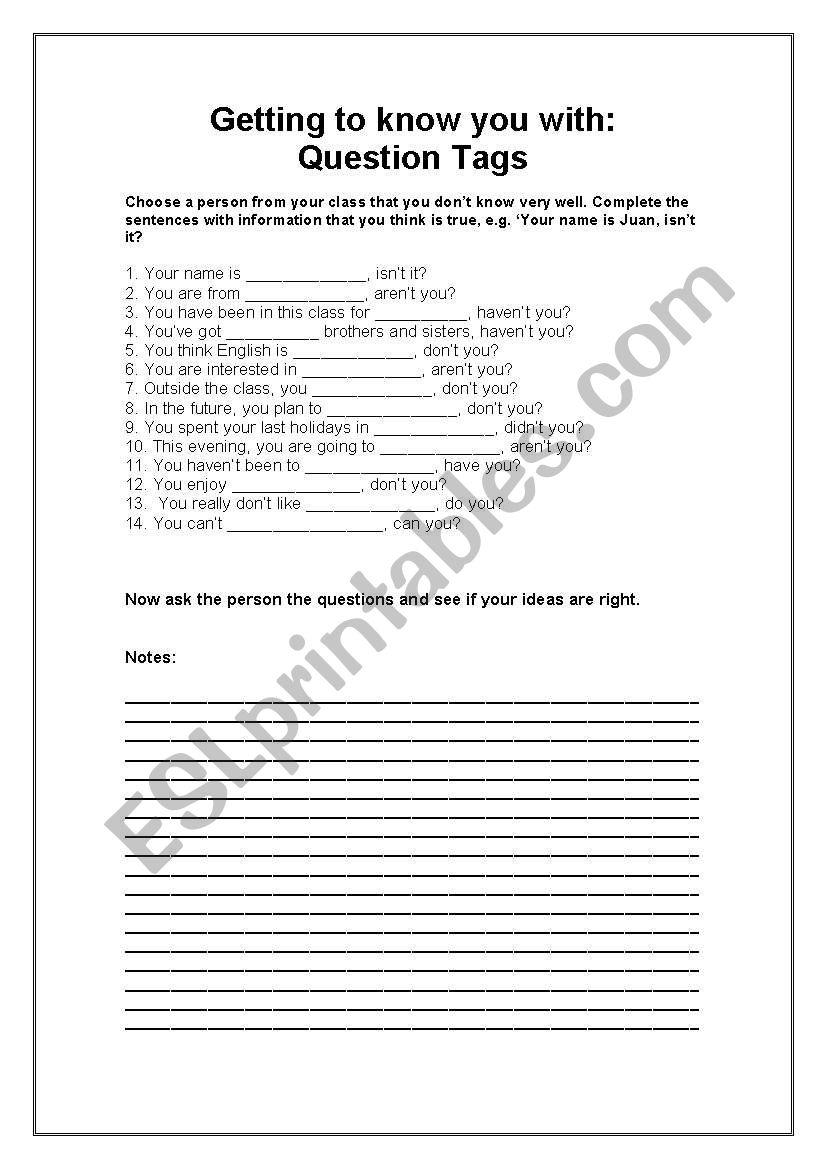 Question Tags - Getting to know you Worksheet