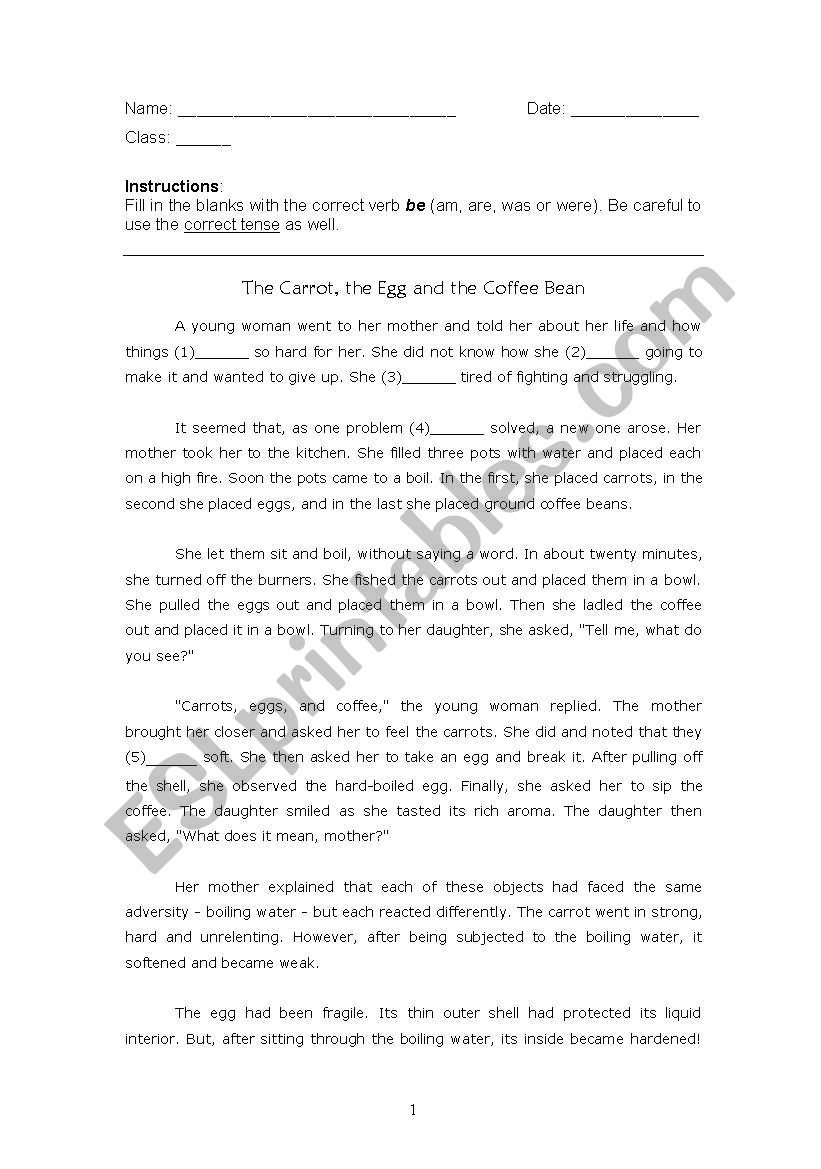 Cloze Passage: Verb be worksheet