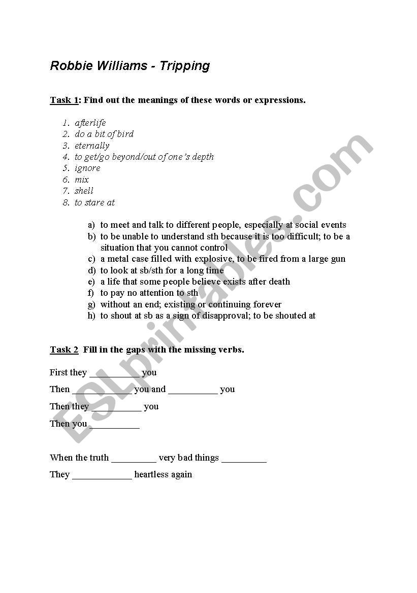 Robbie Williams - Tripping worksheet