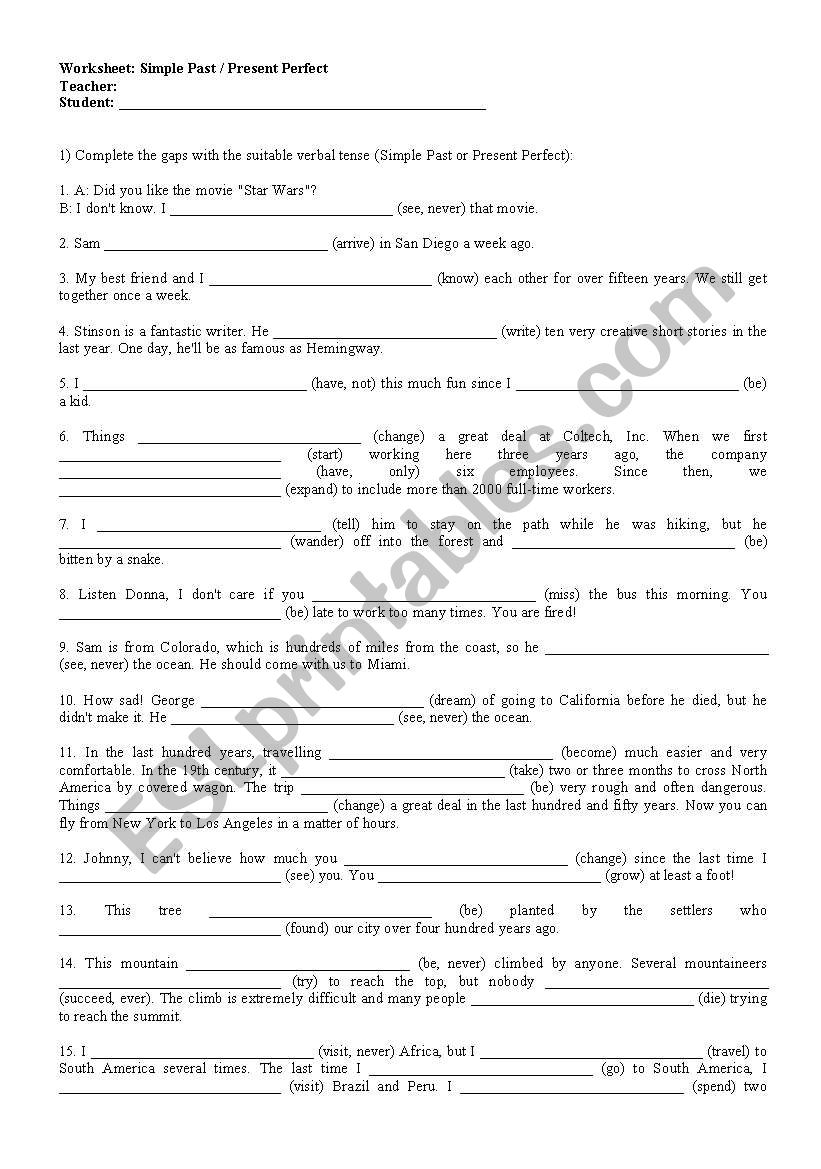 Present perfect x simple past worksheet