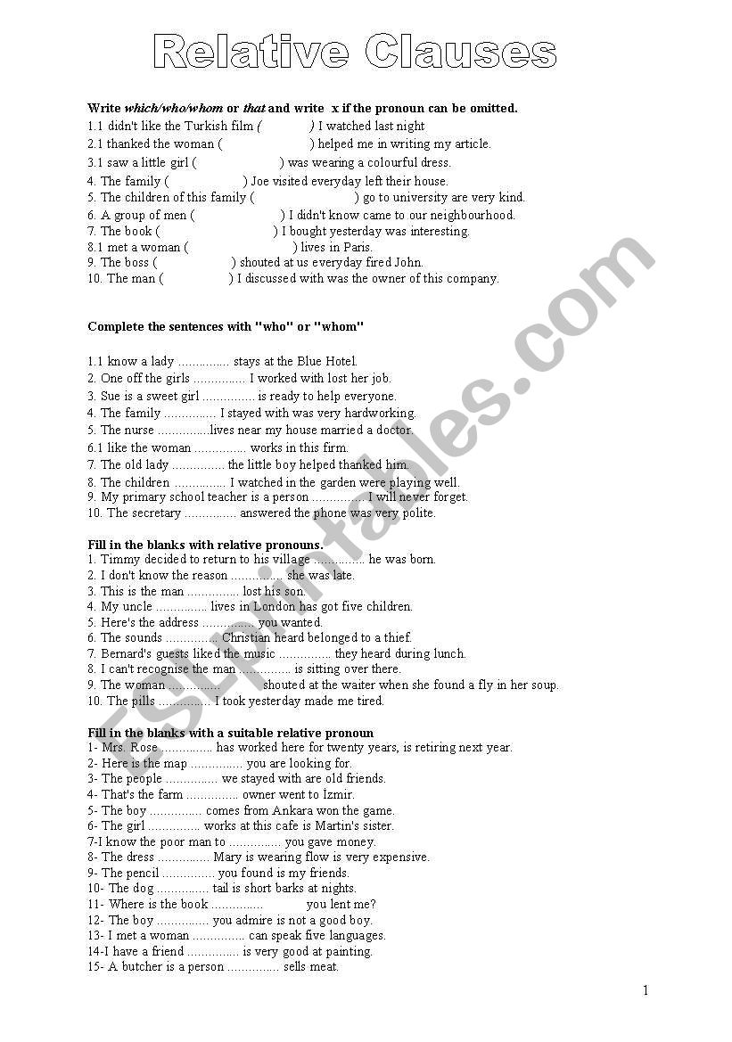 Relative Clauses worksheet