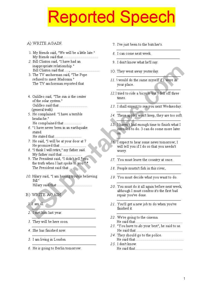 Reported Speech worksheet