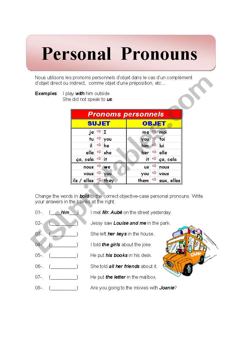 Personal pronouns 001 worksheet