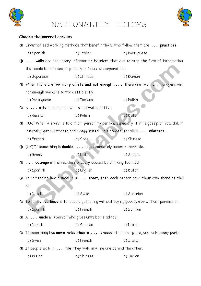 Nationality Idioms worksheet
