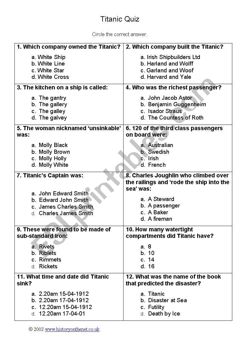 Titanic Quiz worksheet