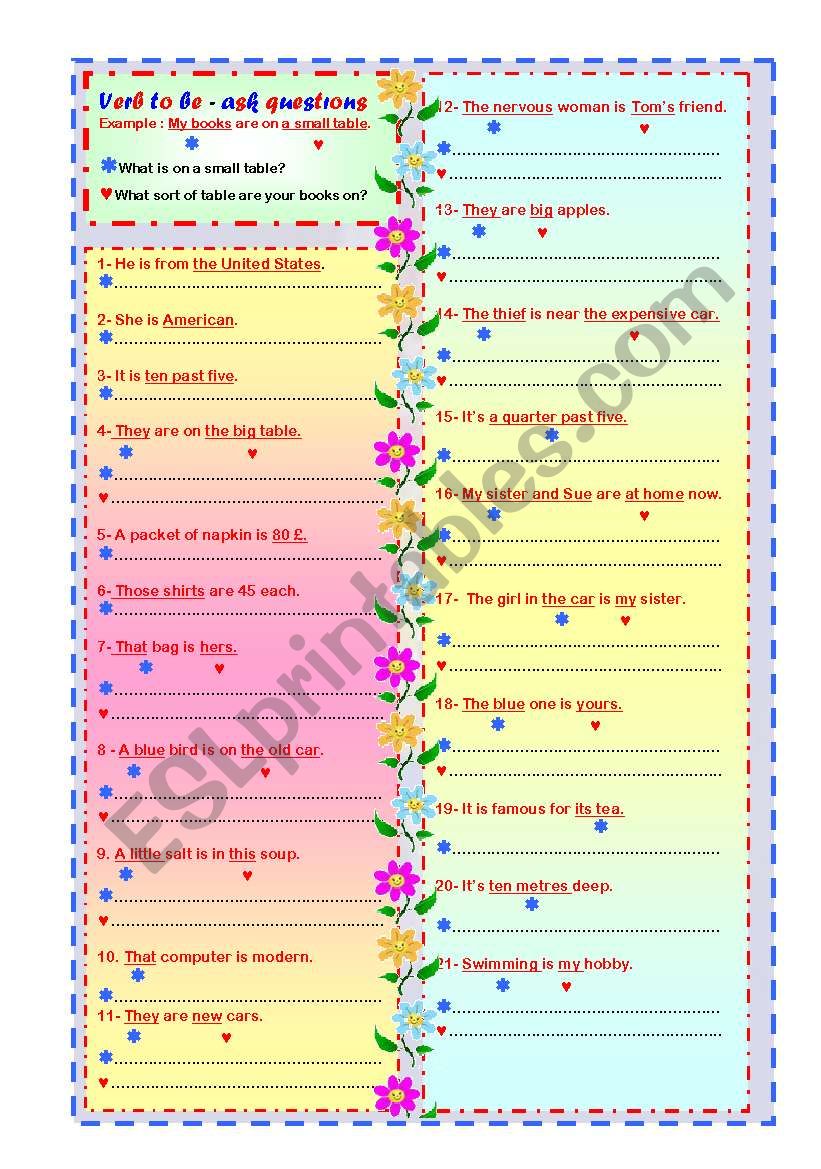 Verb to be - ask questons worksheet