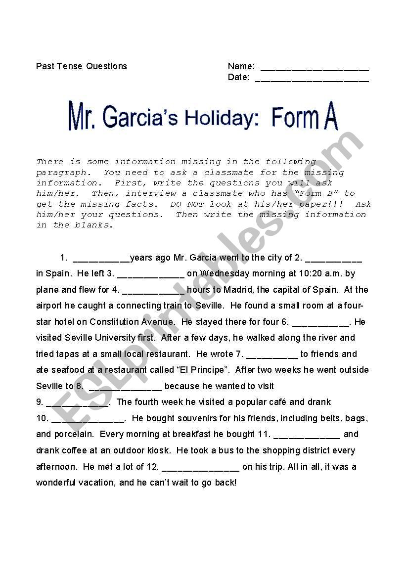 Mr. Garcias Holiday:  Past Tense Questions 1