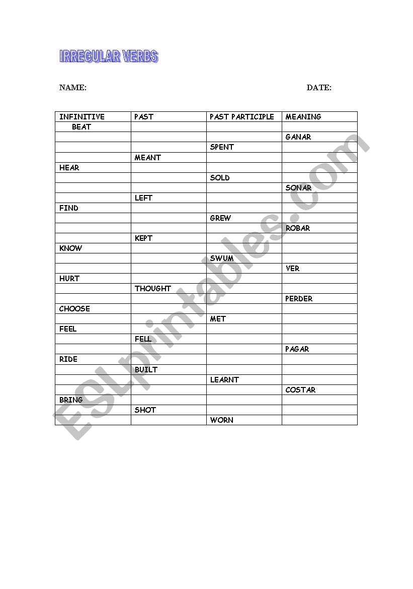 TEST ON IRREGULAR VERBS worksheet