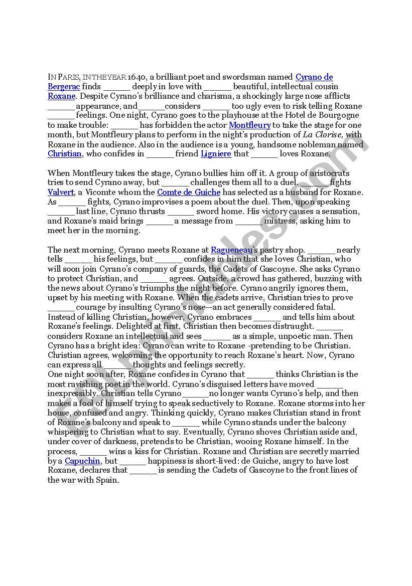 Cloze word exercise Cyrano worksheet