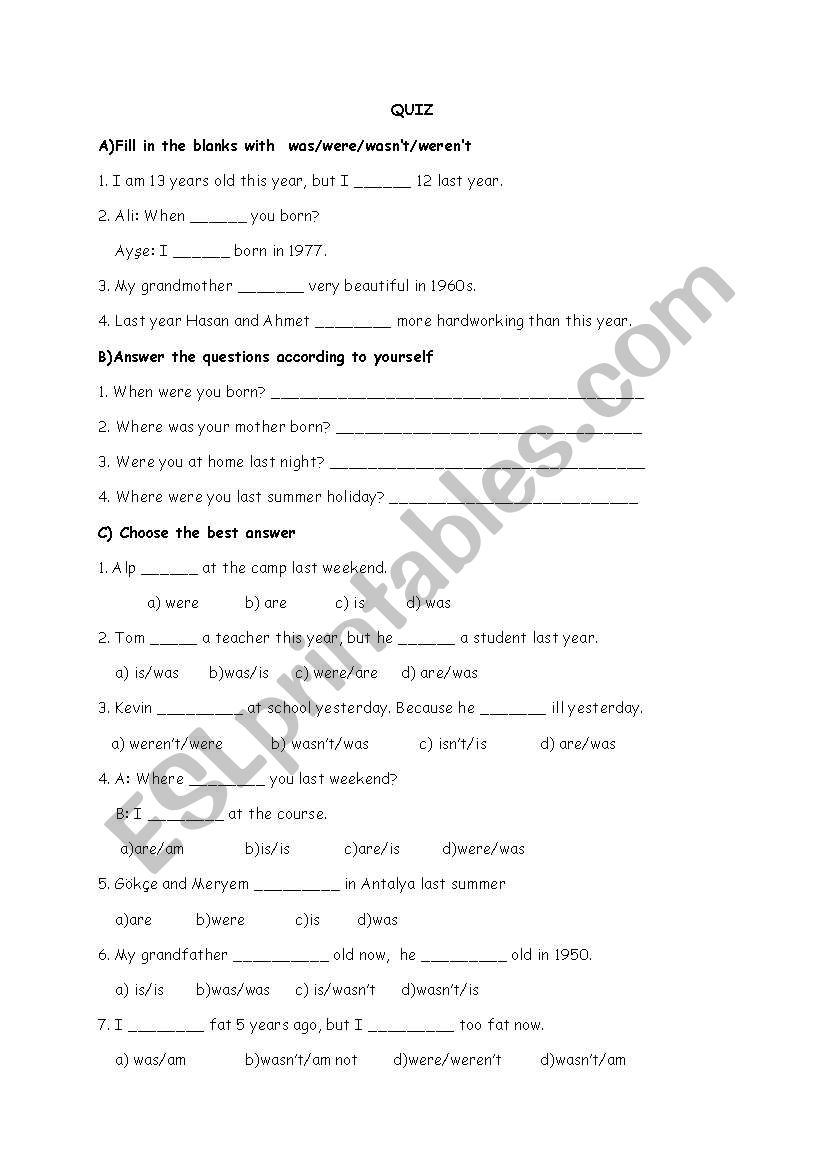 simple past tene was/were worksheet