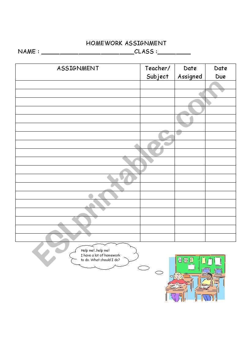 Homework assignment worksheet