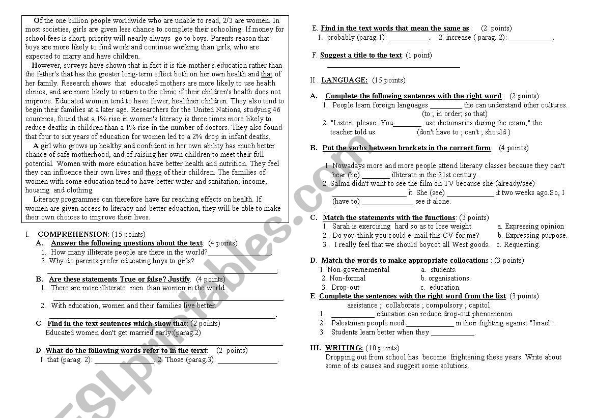 Women and Illiteracy worksheet