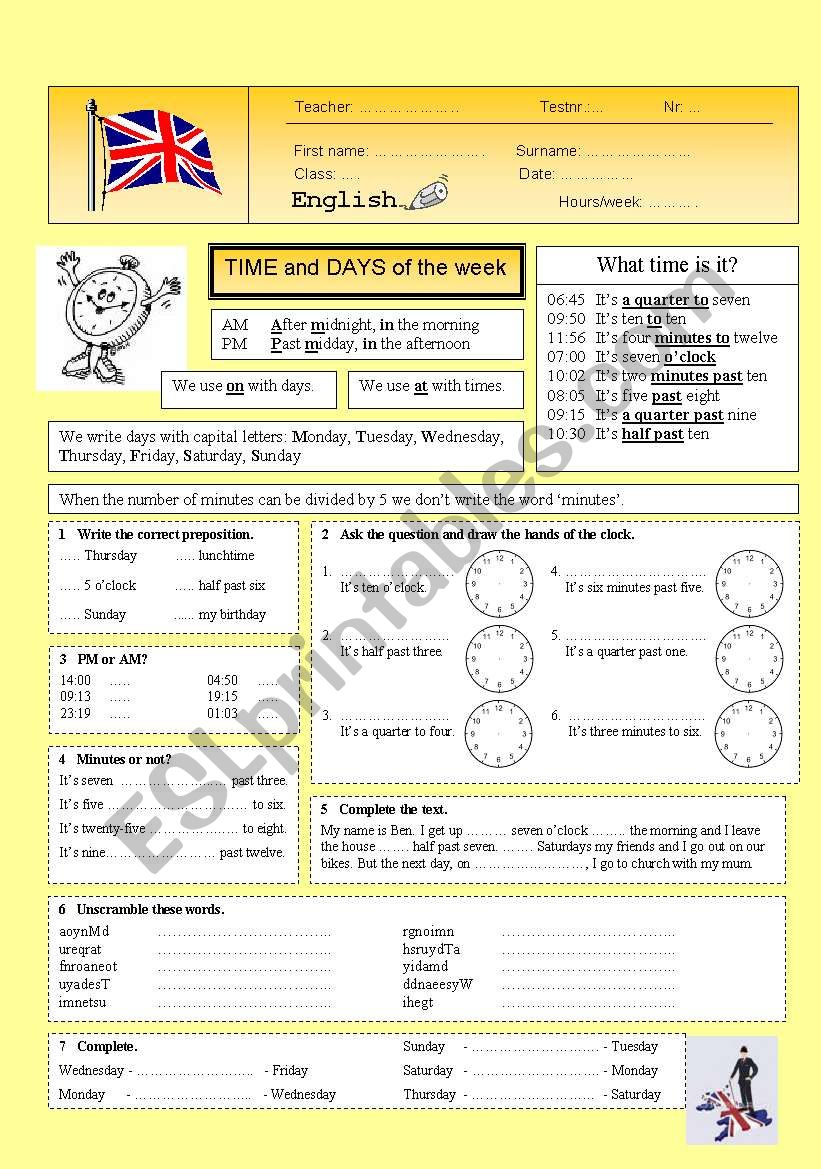 Time and days of the week worksheet