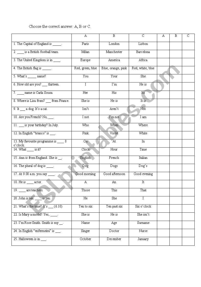 English game worksheet