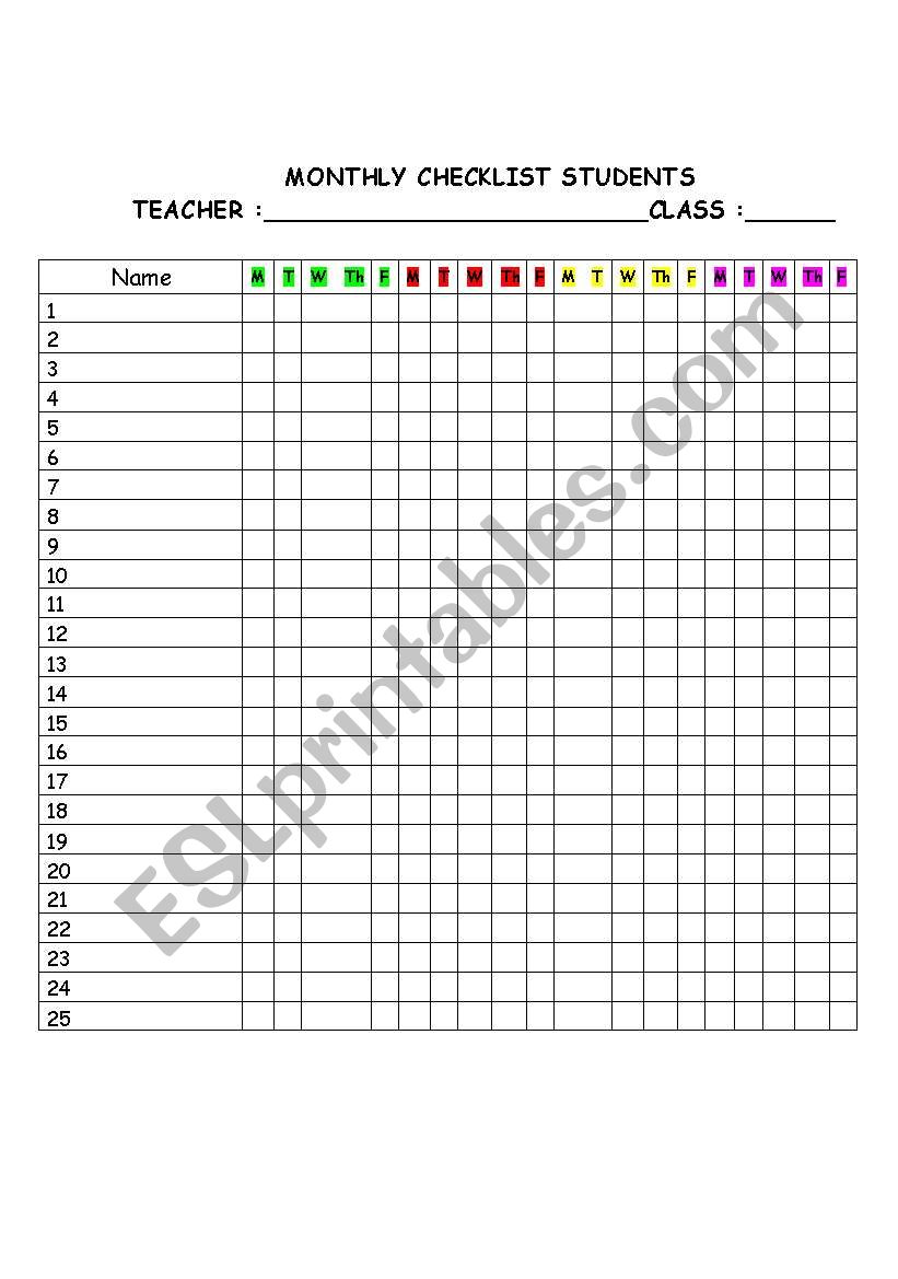 MONTHLY CHECKLIST STUDENTS worksheet