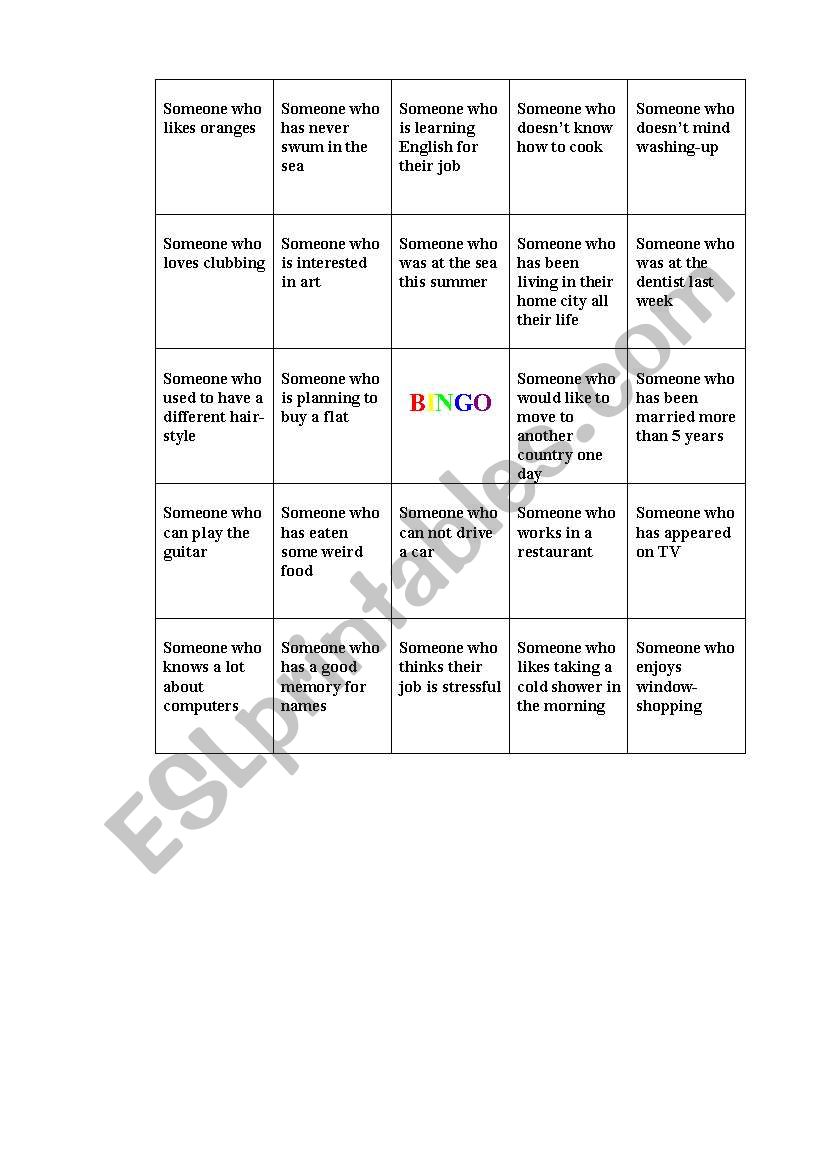 BINGO worksheet