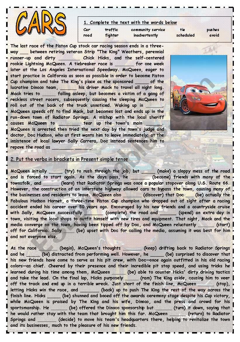 CARS I - CLOZE, PRESENT SIMPLE, READING COMPREHENSION, WRITING