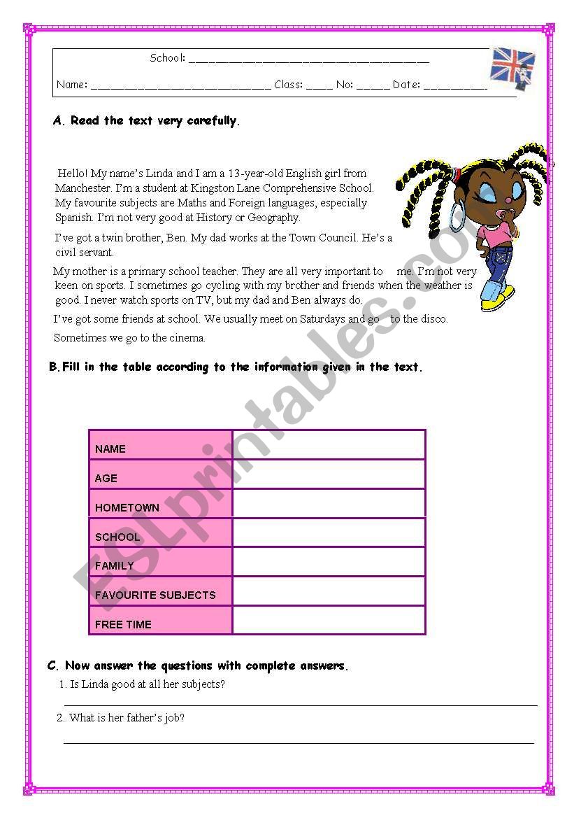 READING COMPREHENSION TEST/WORKSHEET