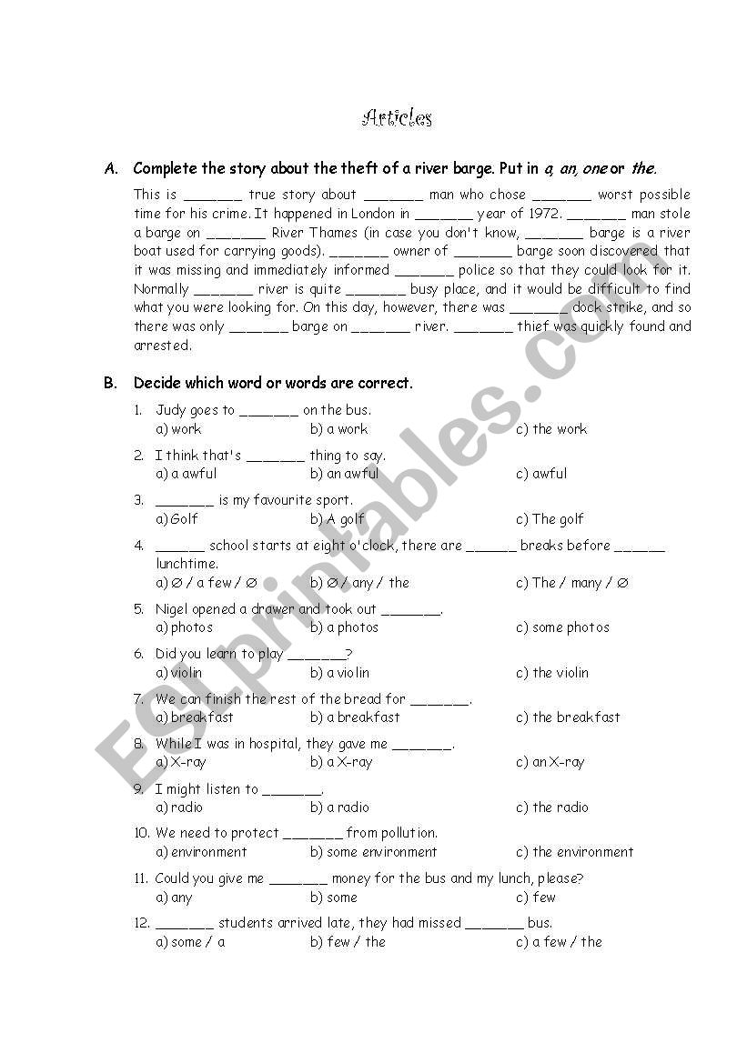 definite/indefinite articles worksheet