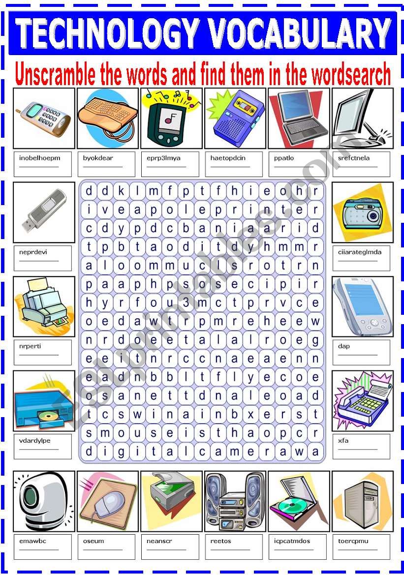 TECHNOLOGY VOCABULARY (UNSCRAMBLE AND WORDSEARCH)