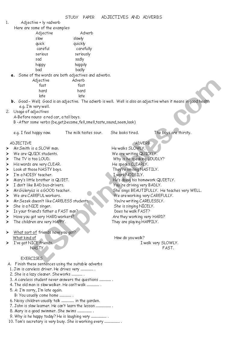 adjective and adverbs worksheet