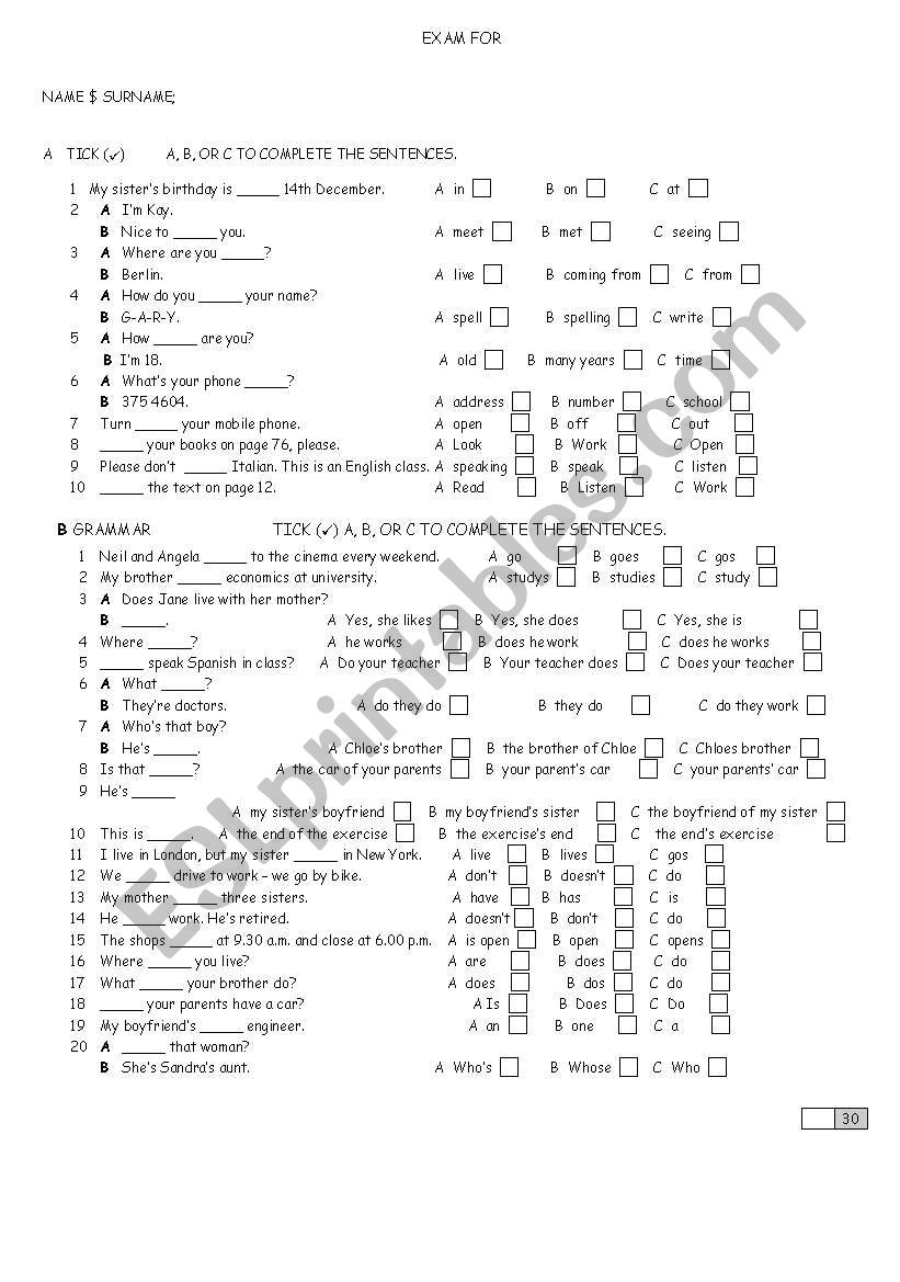 exam worksheet