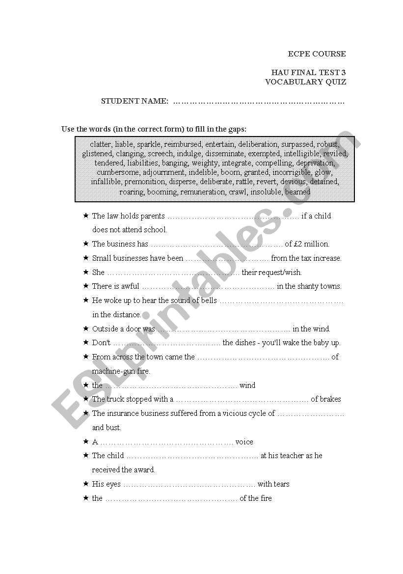 PROFICIENCY-LEVEL VOC QUIZ worksheet