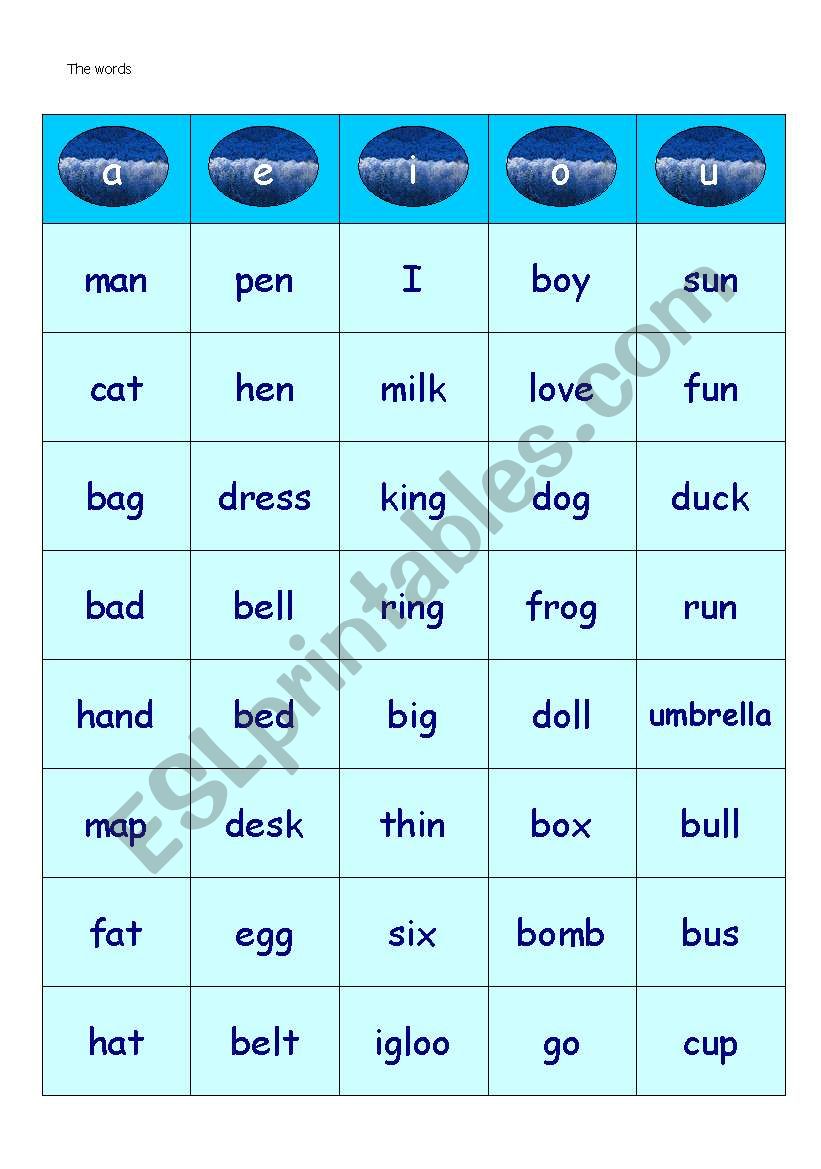 short sounds bingo worksheet