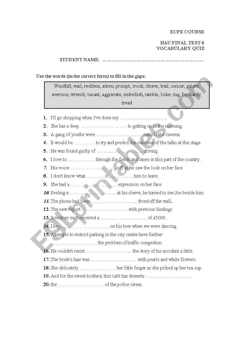 PROFICIENCY LEVEL VOC QUIZ worksheet