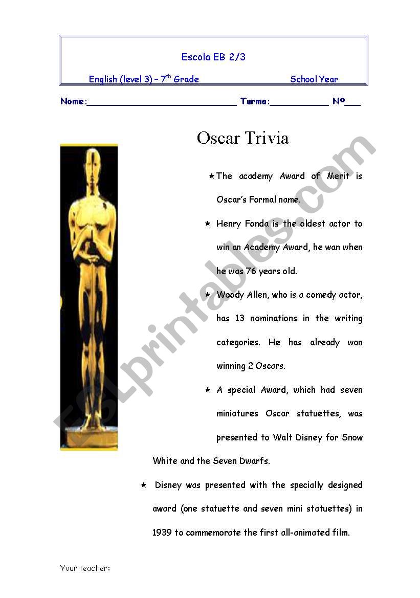 oscar trivia worksheet