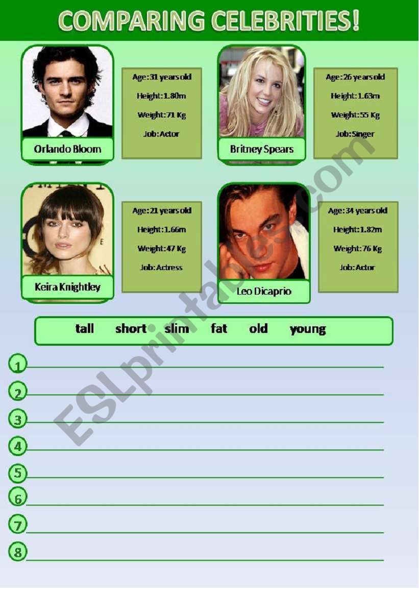 Comparing celebrities worksheet