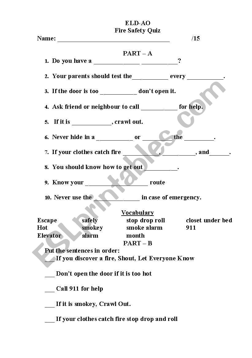 Fire Safety Quiz worksheet