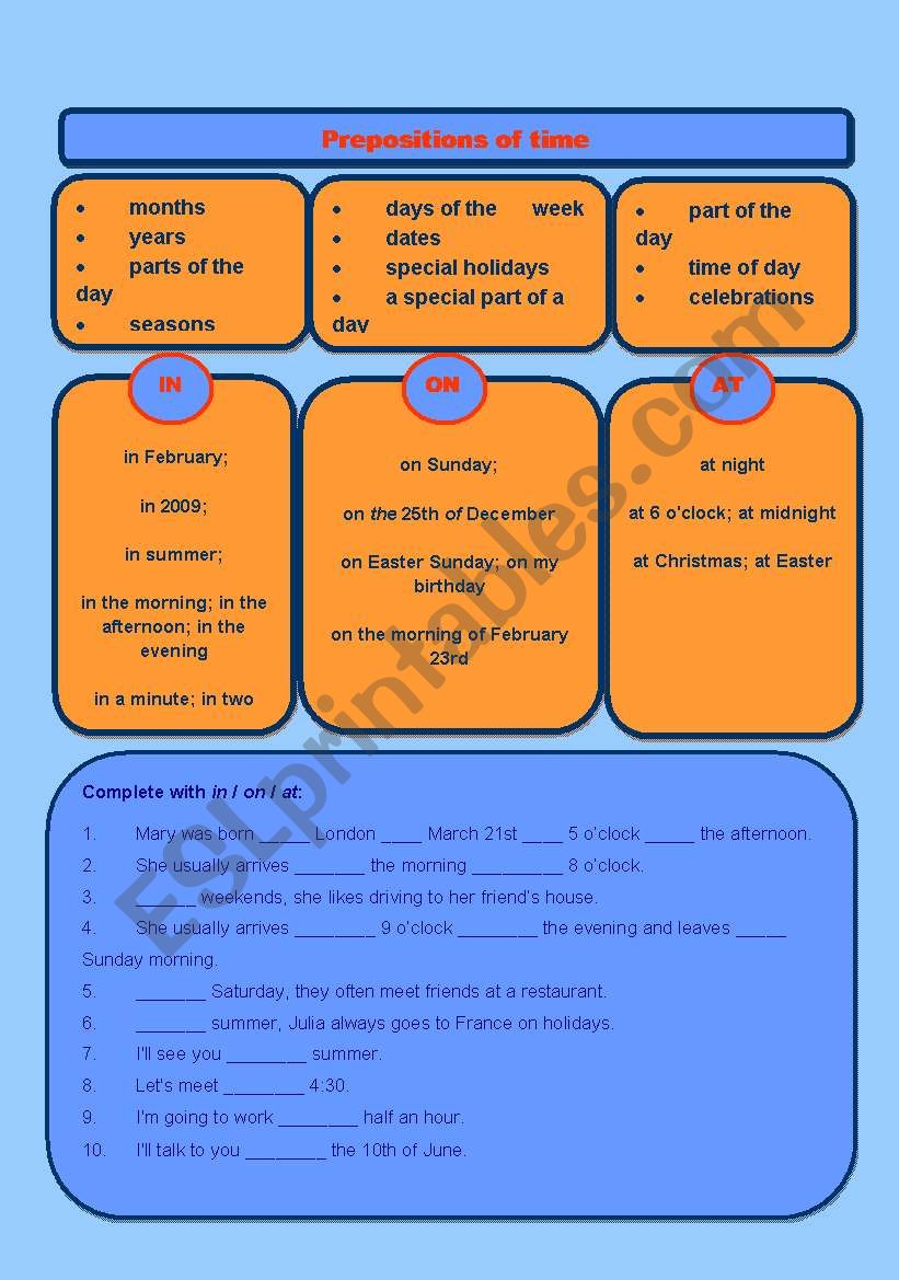 Prepositions of time: in, on, at