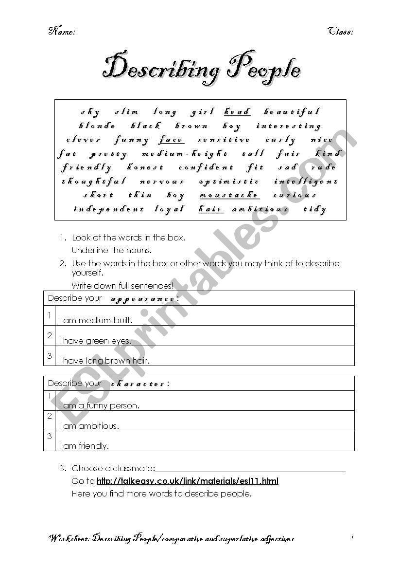 describing people: worksheet with the solutions for the teacher