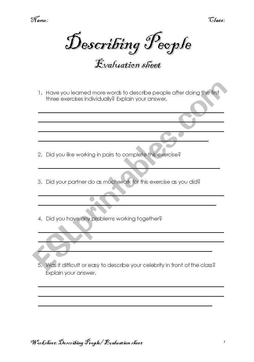 describing people: evaluation sheet for the pupils