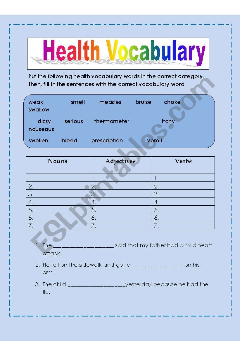 Health Vocabulary worksheet