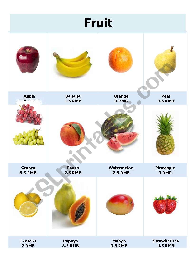 Fruit with Prices Reference worksheet