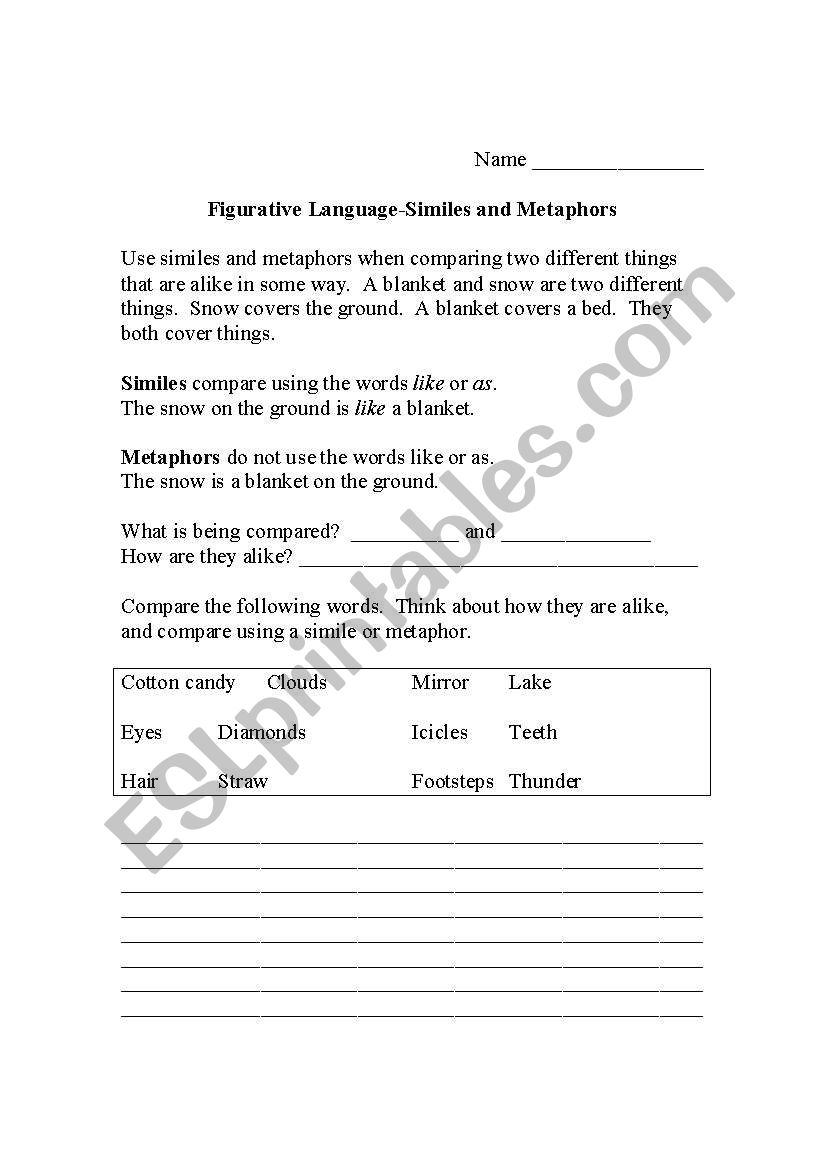 Similes and Metaphors worksheet