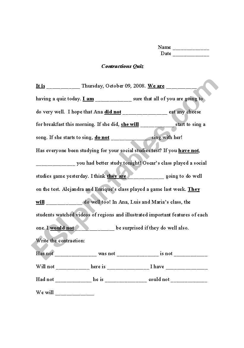 Contractions quiz worksheet