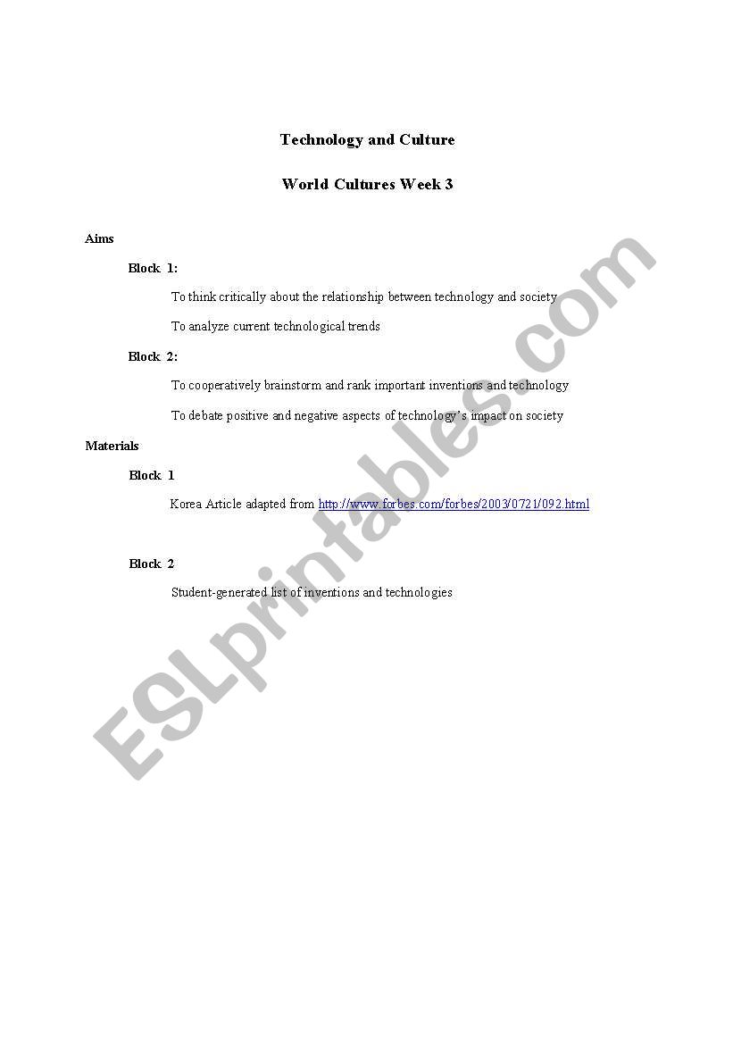 Technology and Culture worksheet