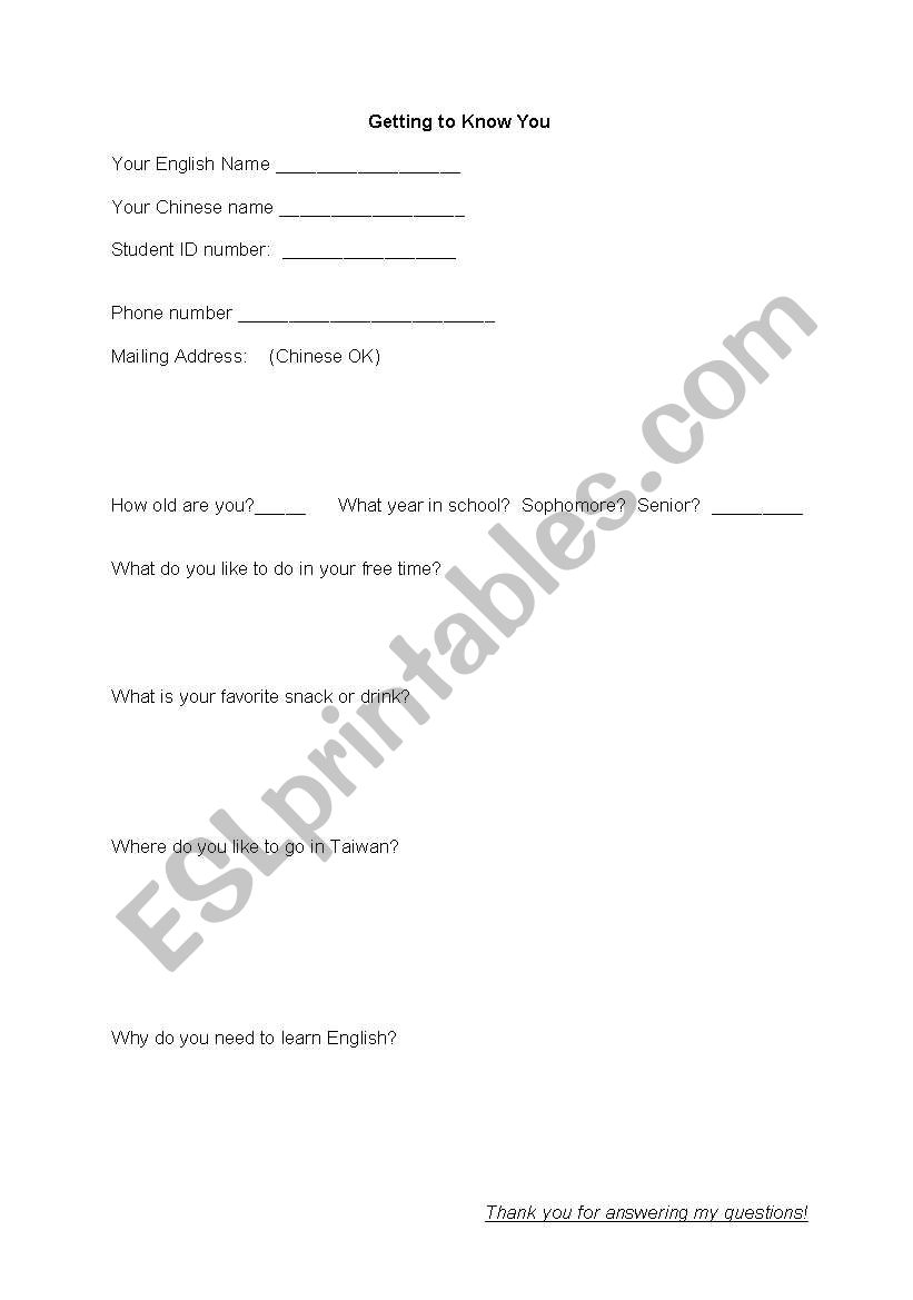 Getting to Know You worksheet