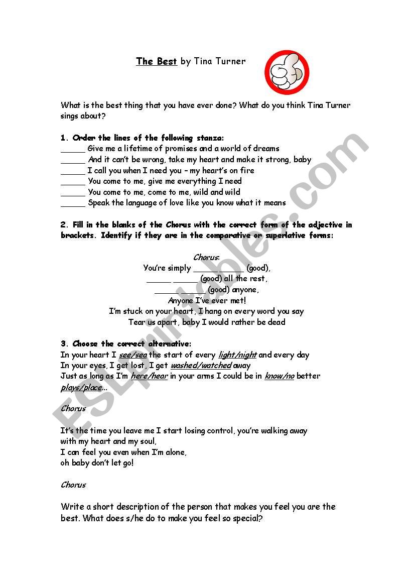The Best, by Tina Turner worksheet