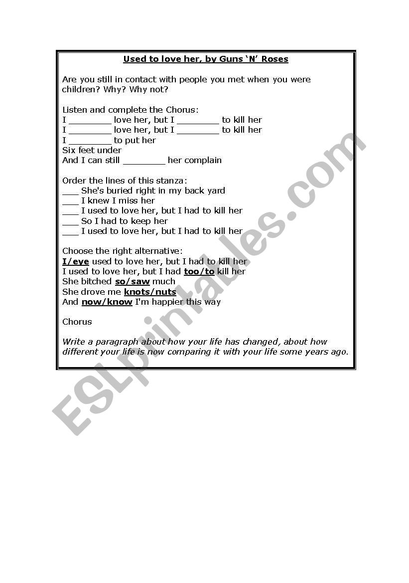 Used to love her, by GNR worksheet