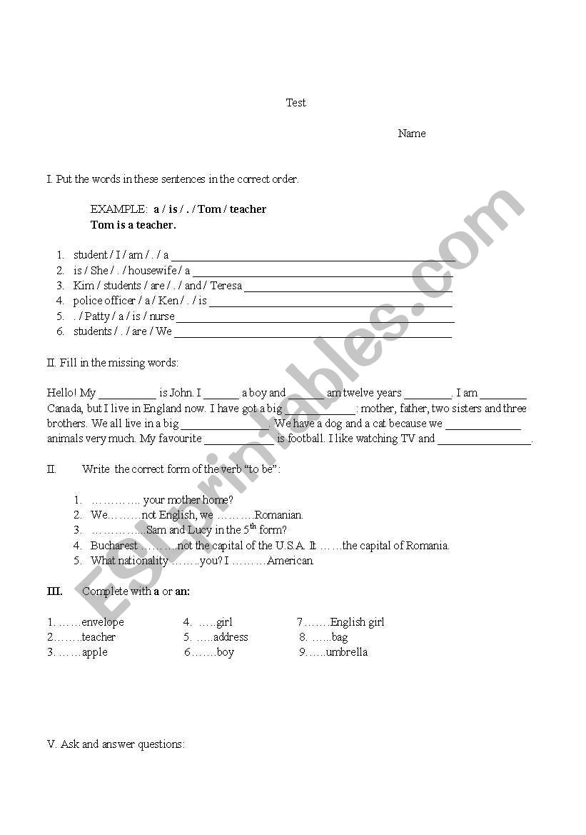 short test worksheet