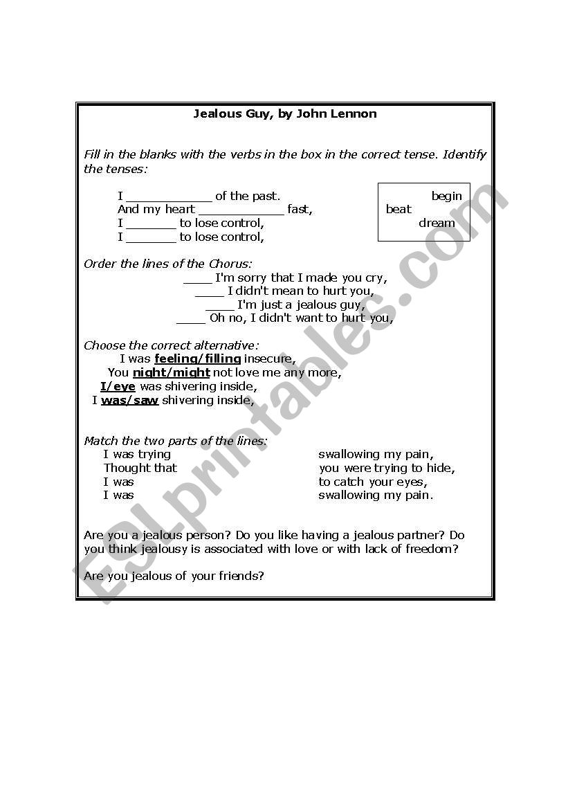 Jealous Guy, by John Lennon worksheet